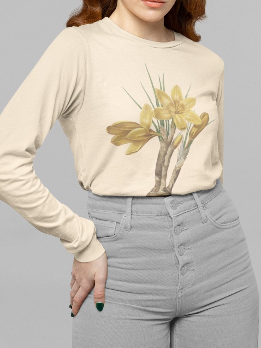 Golden Crocus Vintage Floral Print Long Sleeve Graphic Tee T-shirt S-XXL